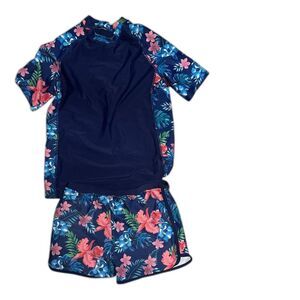 Girls Blue and Navy Swimsuit Top and Shorts